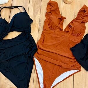 3 One Piece Suits: Black Cut Out Pin Up, Rust Ruffle, Black Low Back ➕ Sarong
